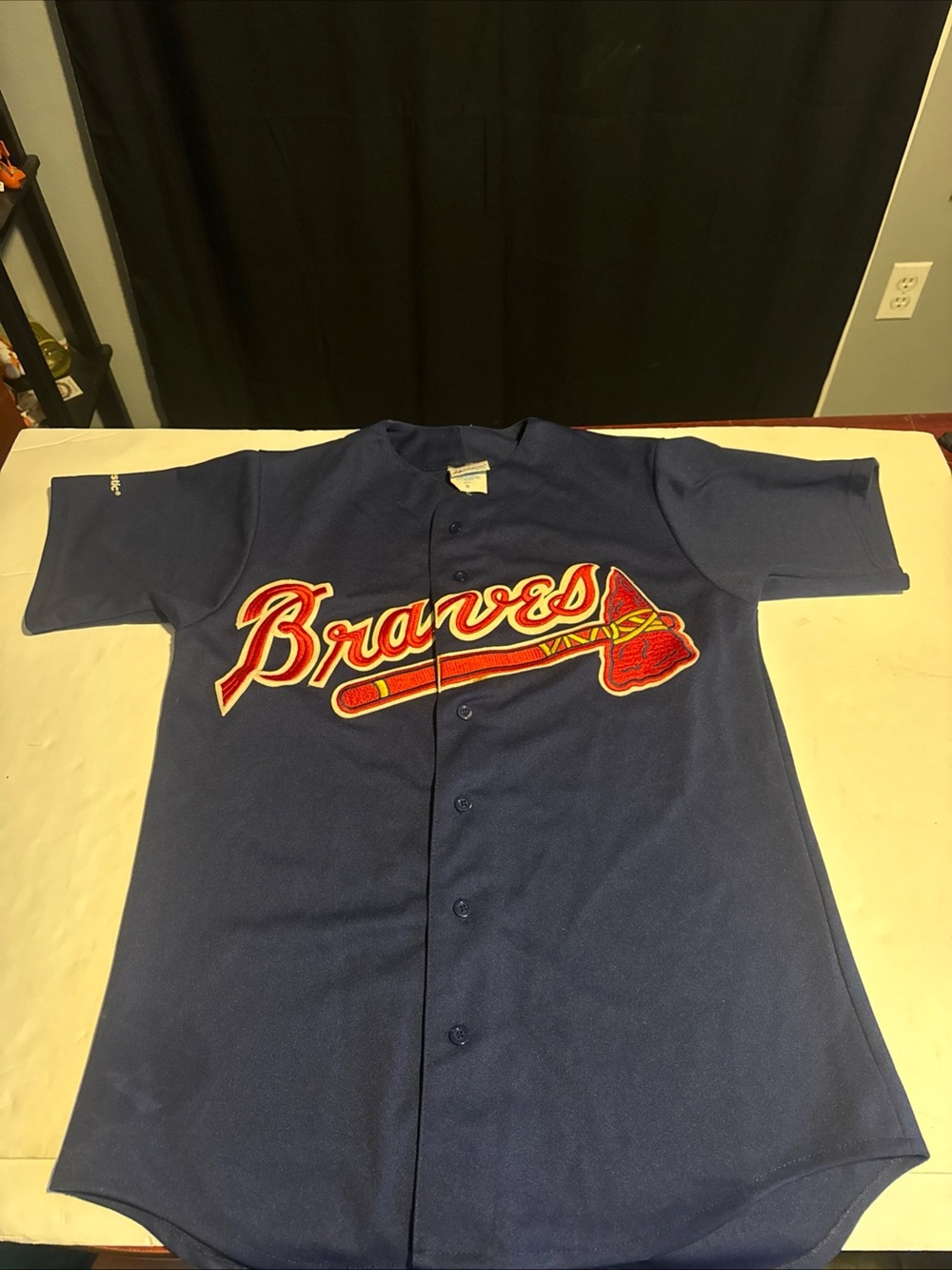 Vintage Atlanta Braves Jersey Mens Large Navy Blue MLB Baseball Majestic 90s